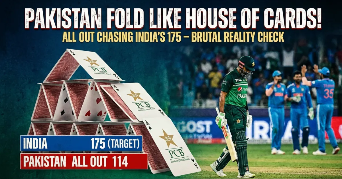 Pakistan cricket team collapsing during chase against India as Ishan Kishan celebrates victory in dramatic India vs Pakistan match graphic