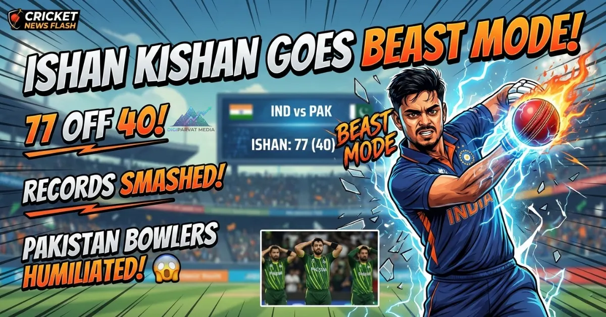 Ishan Kishan playing an explosive cricket shot against Pakistan, celebrating his 77 runs off 40 balls in a dominant performance