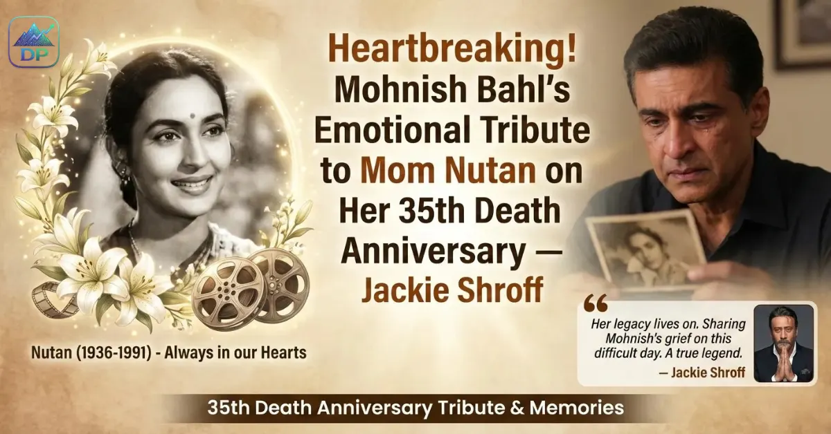 Emotional tribute poster showing Mohnish Bahl wiping tears, a portrait of Nutan in the background, and Jackie Shroff standing beside him, commemorating Nutan’s 35th death anniversary with candles and a somber theme.