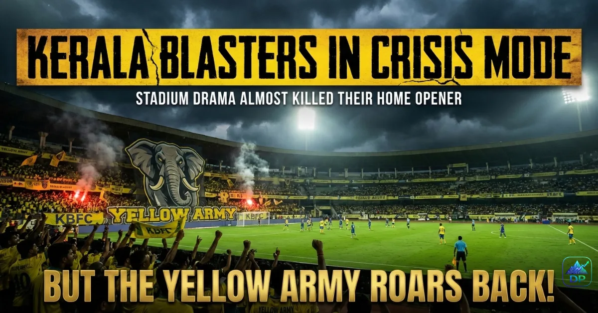 Kerala Blasters players celebrating in a packed stadium while a dramatic construction scene with “Cancelled” banner symbolizes crisis before their home opener comeback.