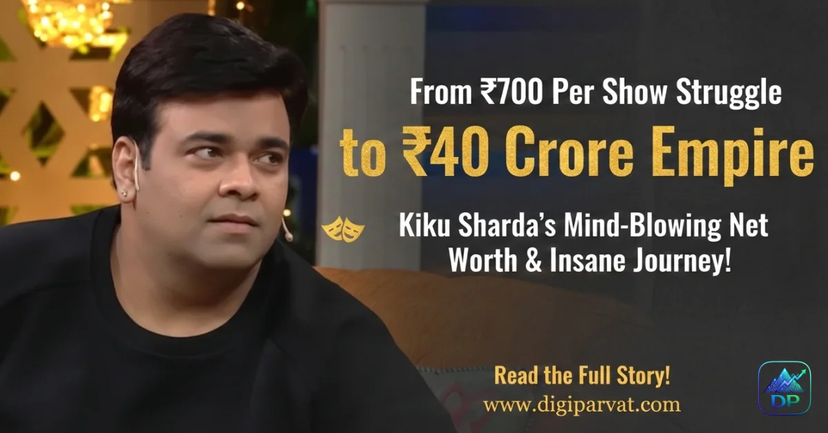 Kiku Sharda smiling in red jacket with text showing his journey from ₹700 per show to ₹40 crore net worth, gold coins and growth arrows in background