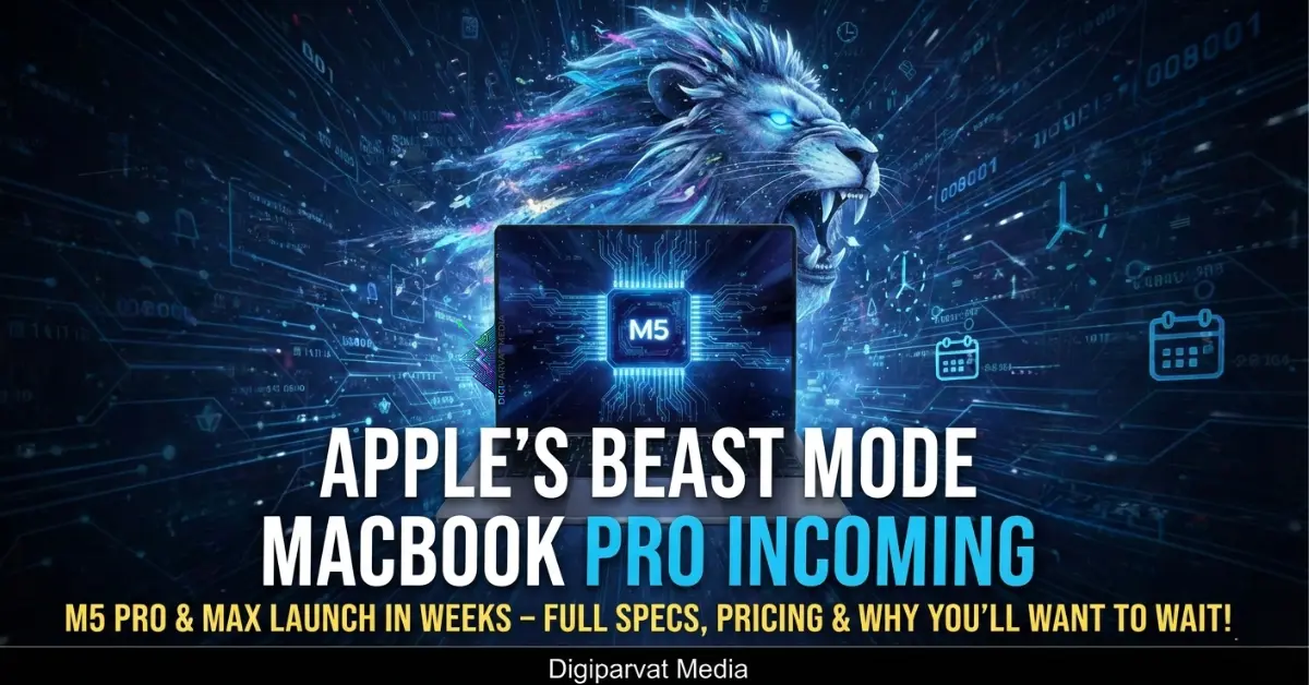 Poster for Apple M5 MacBook Pro launch featuring a digital lion and powerful M5 chip specs by Digiparvat Media.