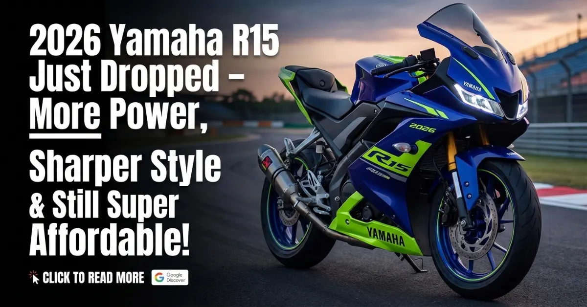 2026 Yamaha R15 sport bike poster, Yamaha R15 2026 new model design, red Yamaha R15 with LED headlights, 2026 Yamaha R15 more power sharper style, Yamaha R15 affordable sports bike 2026