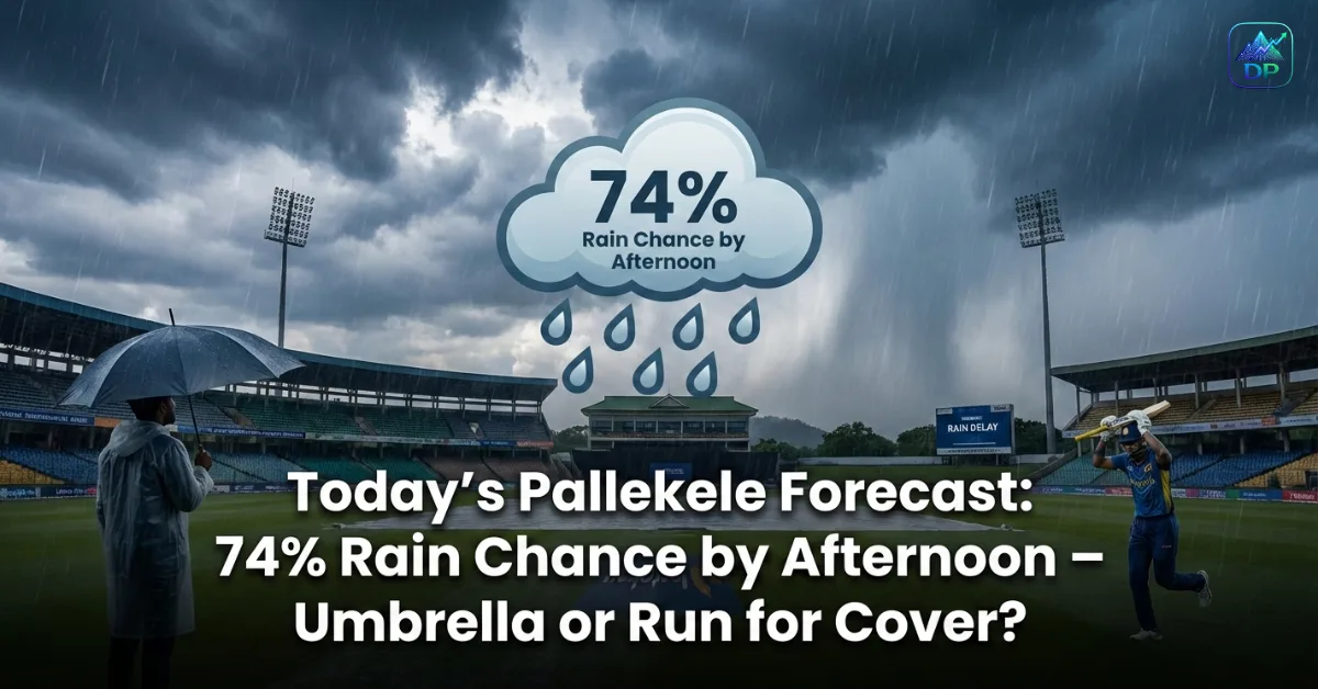 Weather poster showing 74 percent rain chance in Pallekele by afternoon with storm clouds, umbrella, and man running in heavy rain