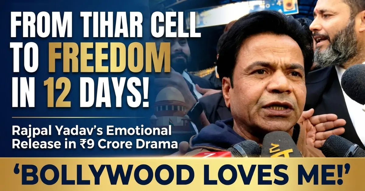 Rajpal Yadav speaks to media after release from Tihar Jail, Bollywood actor emotional freedom after 12 days custody, Rajpal Yadav ₹9 crore case release, Bollywood Loves Me drama news poster