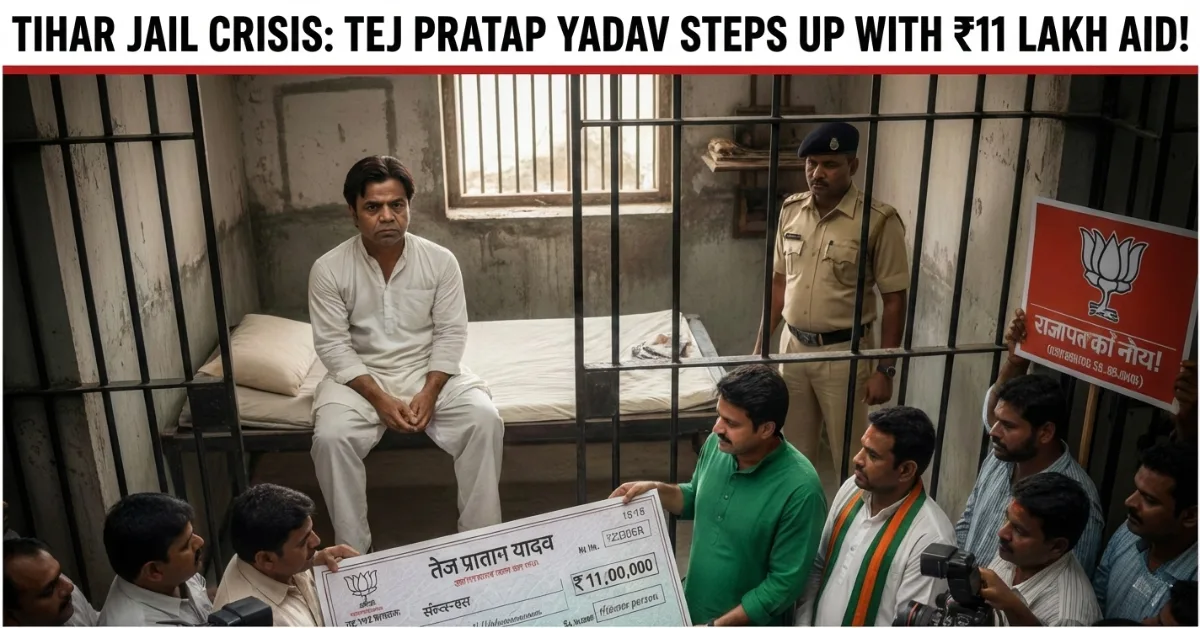 Rajpal Yadav behind bars in Tihar Jail crisis, Tej Pratap Yadav announcing ₹11 lakh financial aid, Rajpal Yadav jail news poster, Tej Pratap Yadav helping Rajpal Yadav