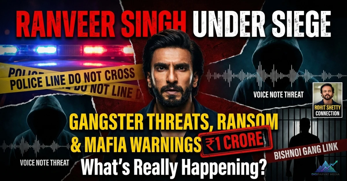 Ranveer Singh under threat amid gangster warnings, ransom demand and mafia intimidation, Bollywood actor Ranveer Singh facing alleged ₹10 crore extortion threats, crime and celebrity news poster featuring Ranveer Singh