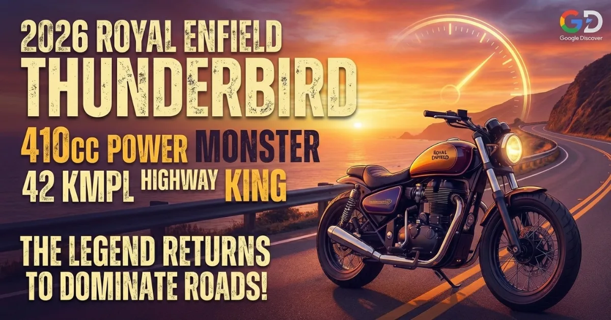 2026 Royal Enfield Thunderbird 410cc cruiser motorcycle on highway, Royal Enfield Thunderbird 2026 power cruiser with 42 kmpl mileage, New Royal Enfield Thunderbird highway king bike, Royal Enfield Thunderbird 410cc engine close up, 2026 Thunderbird classic cruiser bike India