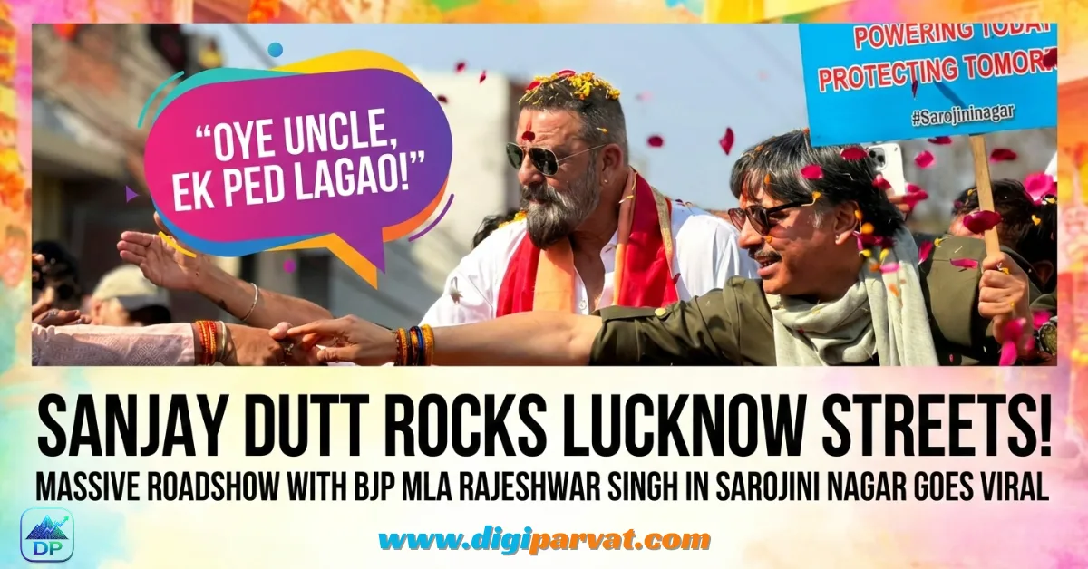 Sanjay Dutt and BJP MLA Rajeshwar Singh waving to crowd during massive roadshow in Sarojini Nagar, Lucknow with “Oye Uncle Ek Ped Lagao” message