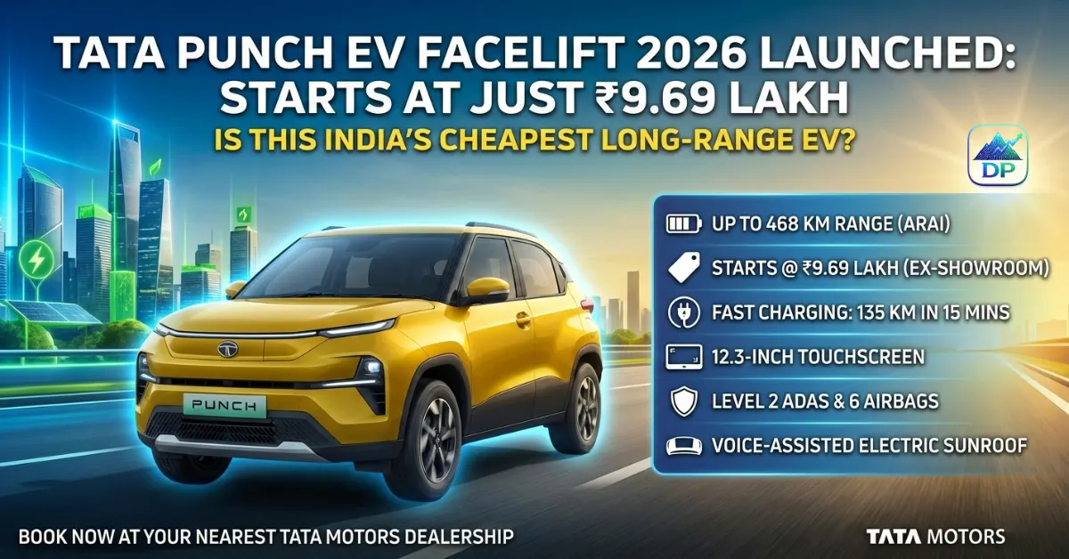 Tata Punch EV Facelift 2026 blue electric SUV with charging station, price starting at ₹9.69 lakh and 400 km range highlighted in promotional poster