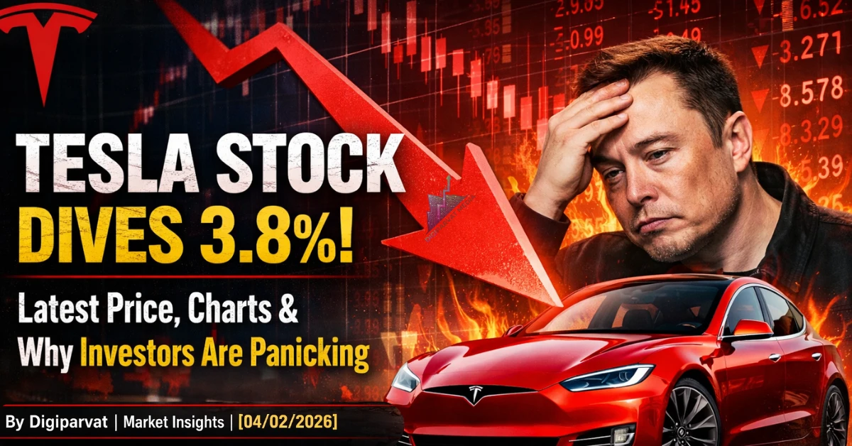 Tesla stock dives 3.8 percent as red downward chart shows market crash with Tesla car and worried investors