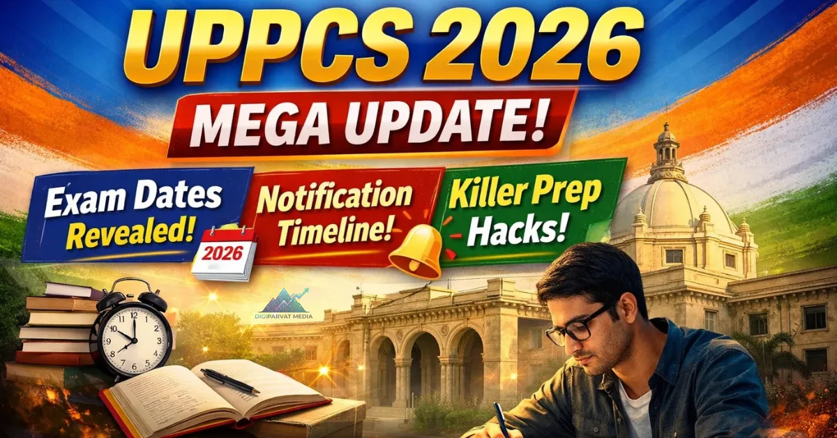 UPPCS 2026 Mega Update poster showing exam dates, notification timeline, and preparation hacks with aspirant studying and Uttar Pradesh Secretariat background