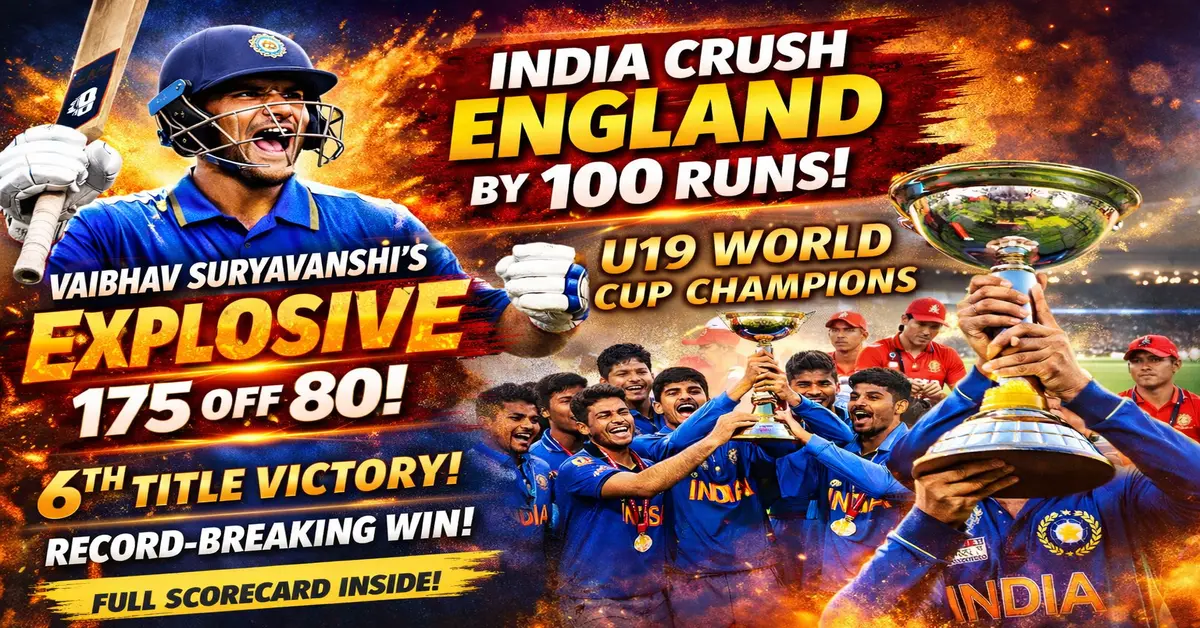 Vaibhav Suryavanshi celebrating after scoring 175 off 80 balls as India defeats England by 100 runs in the U19 World Cup final