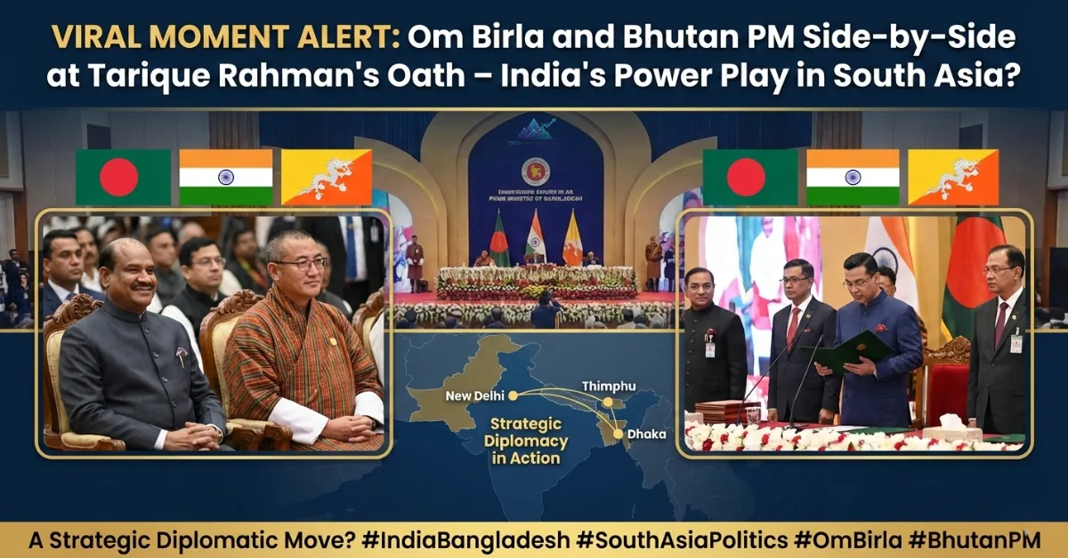 Om Birla standing with Bhutan Prime Minister during Tarique Rahman’s oath ceremony, highlighting India’s strategic influence in South Asia, viral political moment, diplomatic power play image