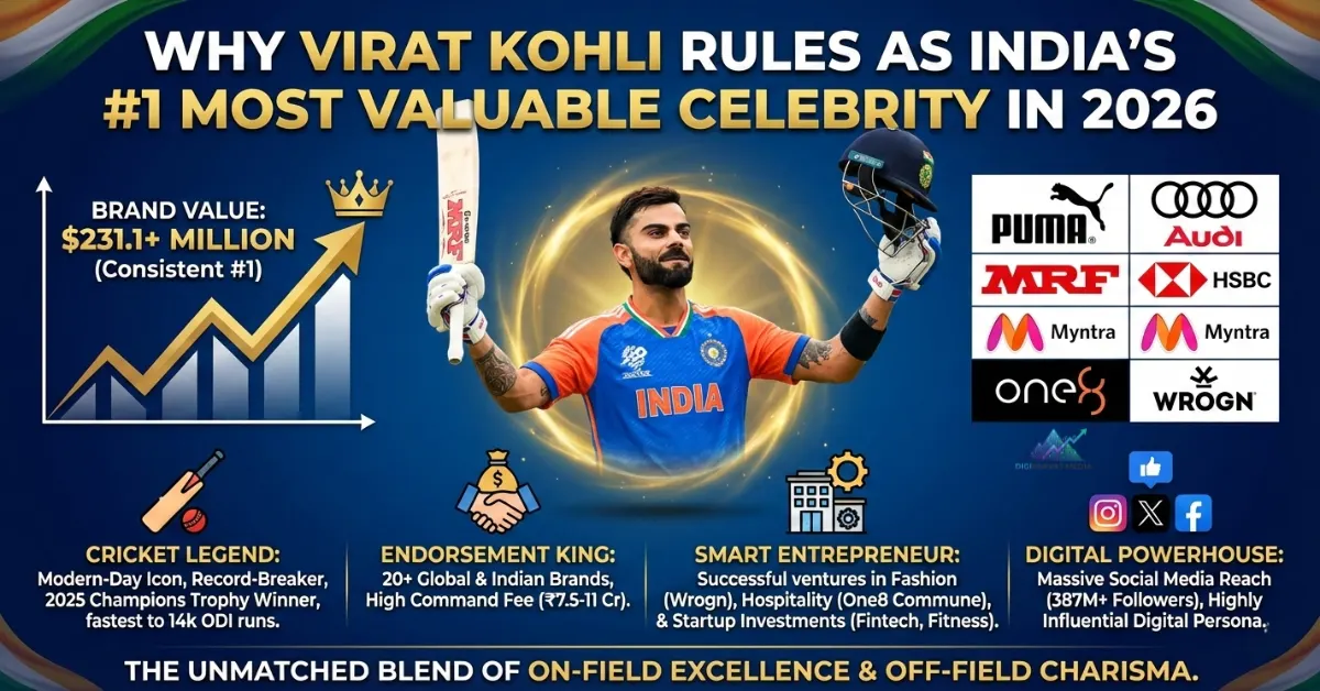Virat Kohli holding trophy in Indian cricket jersey,Why Virat Kohli is India’s most valuable celebrity in 2026,Virat Kohli brand value 2026 poster,Indian cricket superstar Virat Kohli celebration image,Virat Kohli dominance in sports and brand endorsements