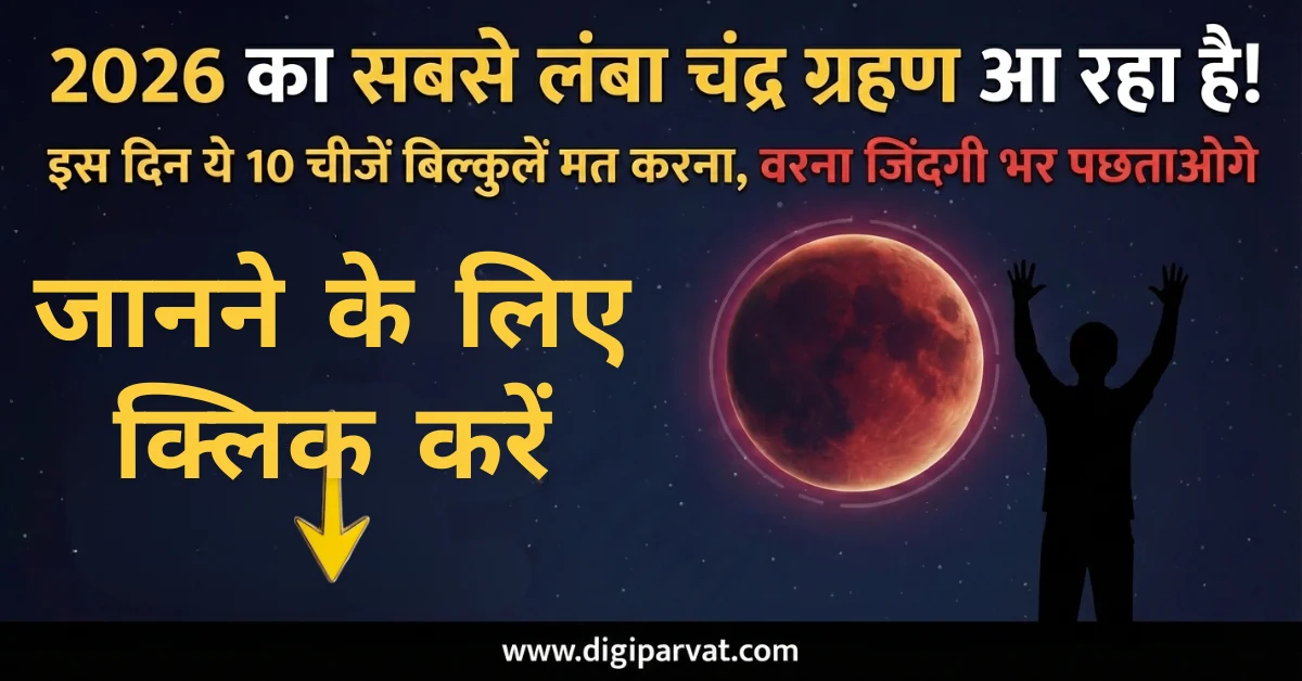 2026 ka sabse lamba chandra grahan poster with 10 things to avoid, red moon background, and website link digiparvat.com.