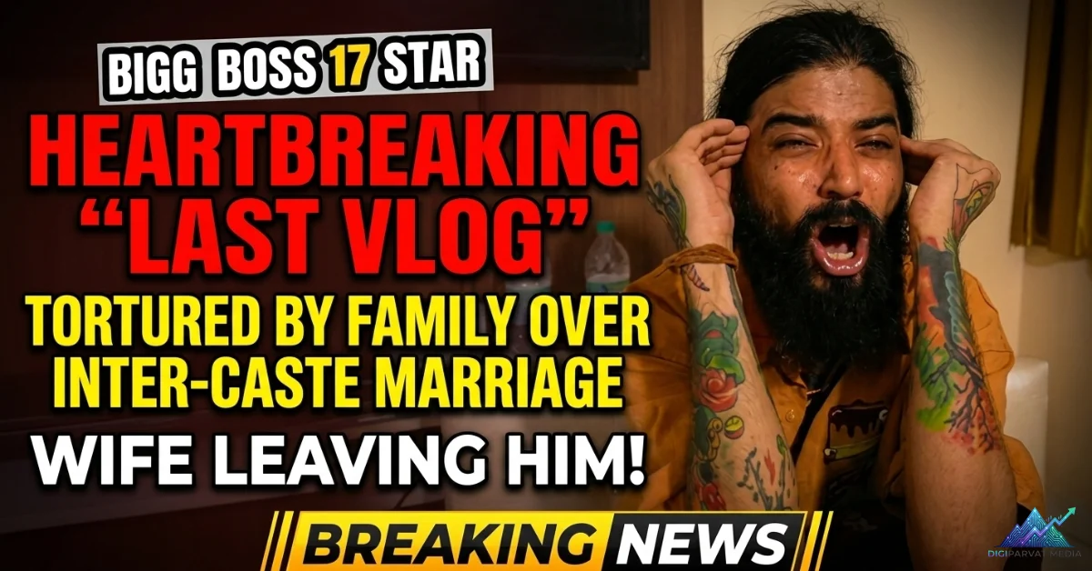 A heartbreaking image of Bigg Boss 17 star UK07 Rider (Anurag Dobhal) looking distressed, with text overlay discussing his "Last Vlog" regarding family torture over inter-caste marriage and his wife leaving.