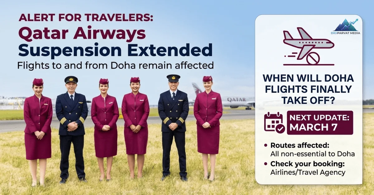 Qatar Airways flight crew standing in front of an airplane, travel alert for Doha flight suspension extended until March 7 update.