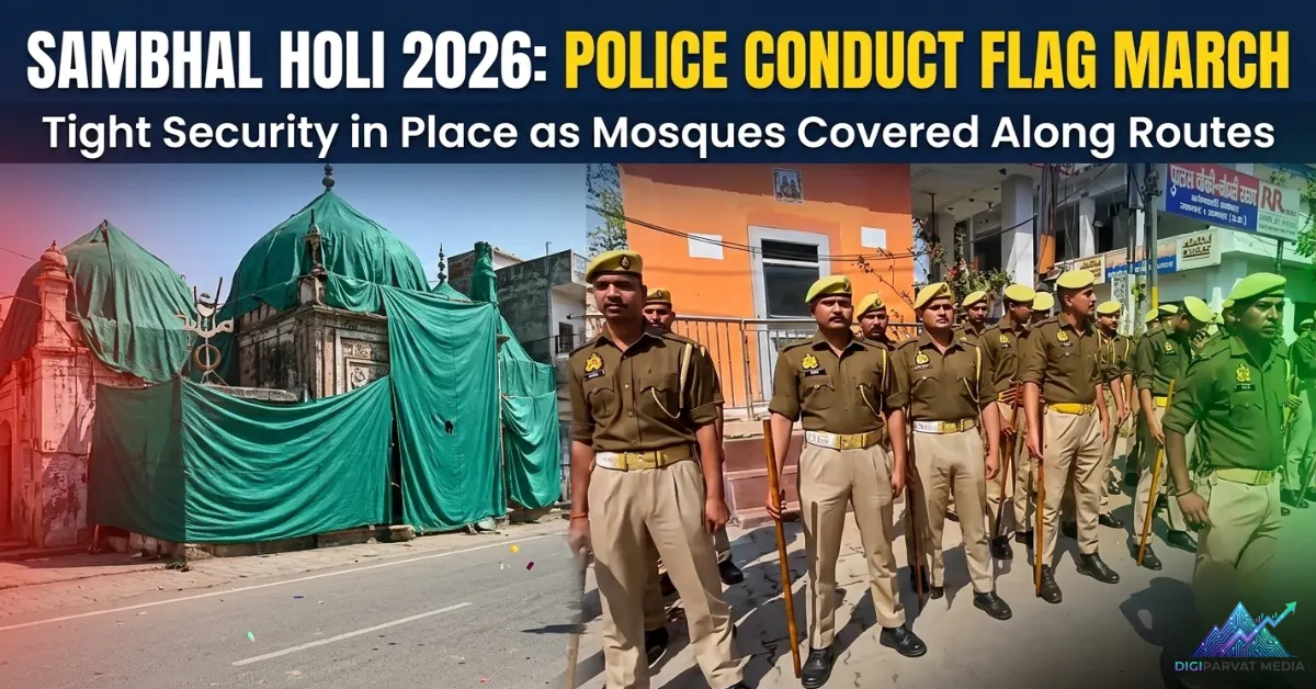 A two-panel news graphic shows a large stone mosque covered in green tarpaulin on the left and a squad of Indian Police personnel with batons standing in formation on the right, under headlines about security for Sambhal Holi 2026.