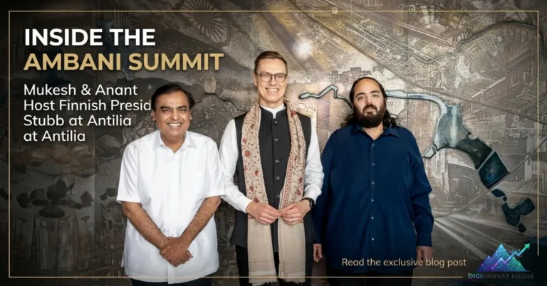 A wide-format poster featuring Mukesh Ambani, Finnish President Alexander Stubb, and Anant Ambani standing together at Antilia with the text "Inside the Ambani Summit."