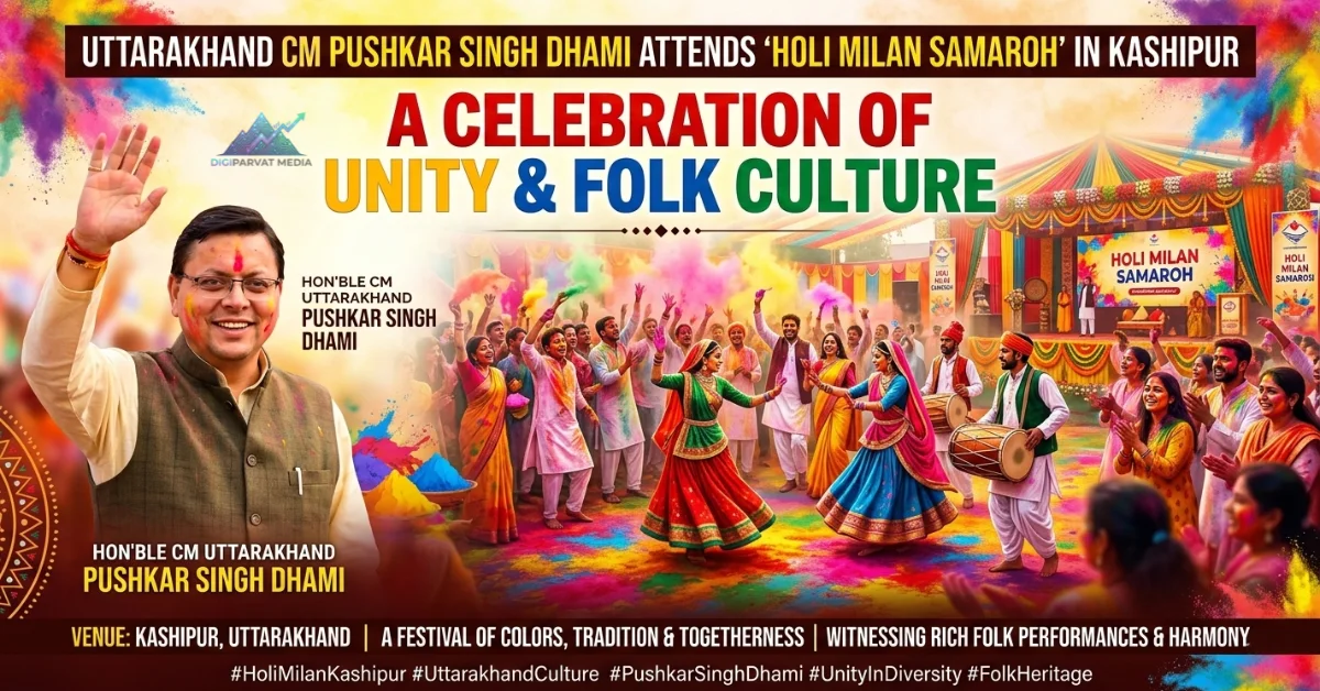 Uttarakhand CM Pushkar Singh Dhami celebrating Holi Milan Samaroh in Kashipur with local residents and folk dancers in traditional attire.