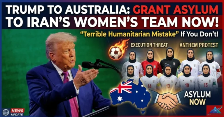 Donald Trump at a podium gesturing toward a graphic of the Iranian Women's Football Team, an Australian map with a flag, and bold text reading "Grant Asylum to Iran's Women's Team Now" for a news blog.
