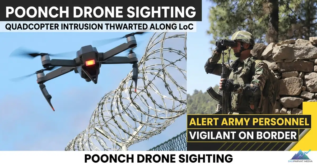 Indian Army soldiers on high alert at the LoC in Poonch, looking up towards a hovering small quadcopter drone that they are successfully stopping from crossing the border.