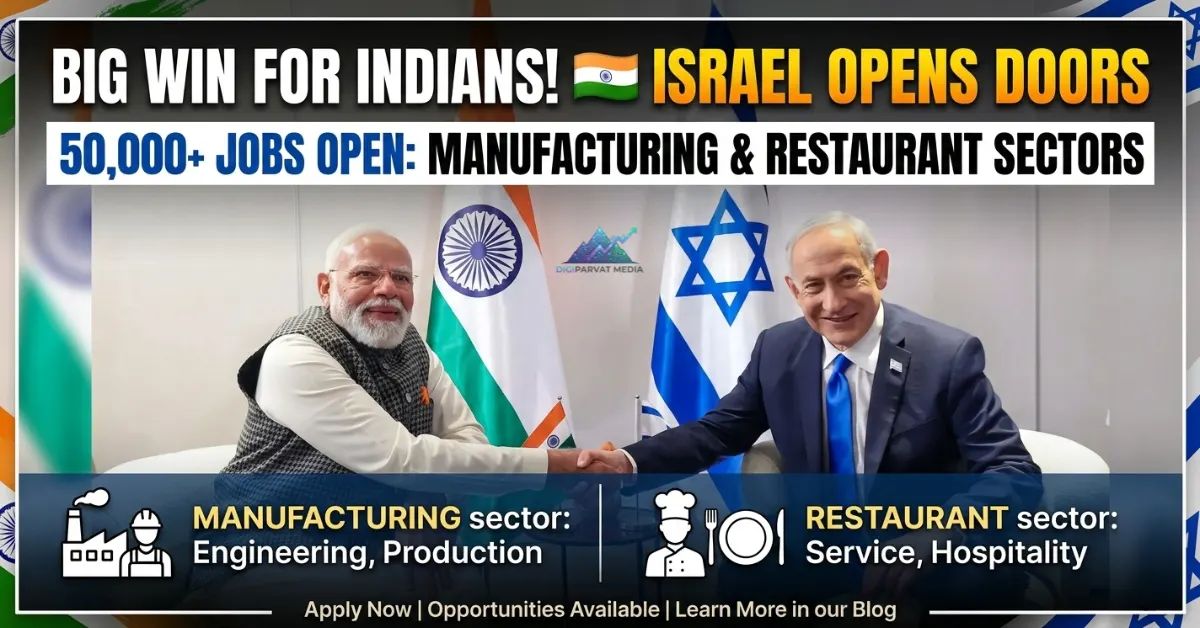 Promotional poster showing Indian and Israeli flags with headline about 50,000+ job opportunities in Israel for Indians in manufacturing and restaurant sectors, featuring a factory worker and a chef.