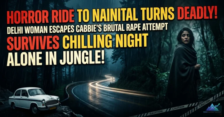A dramatic news poster showing a terrified woman in a dark jungle next to a winding mountain road at night, with a white car parked on the shoulder and bold headlines about a survival story in Nainital.