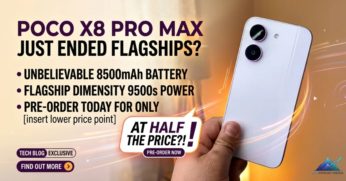 Promotional poster for the Poco X8 Pro Max featuring a sleek white smartphone with a dual-camera setup, highlighting key specs: 8500mAh battery, MediaTek Dimensity 9500s processor, and a competitive price point, set against a dynamic orange and purple tech-themed background.