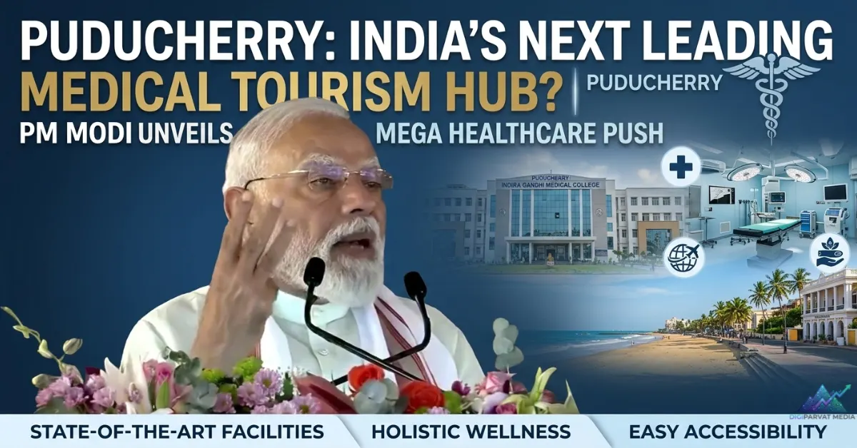 Puducherry coastline with modern hospital buildings and Prime Minister Narendra Modi promoting a mega healthcare initiative to boost medical tourism in India